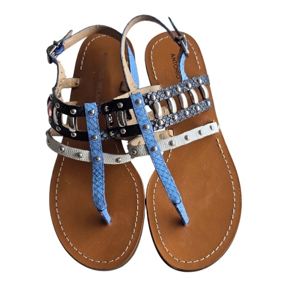 Antonio Melani Sandals Women 9M Mixed Print Buckle Studded Leather Excellent - Picture 2 of 14